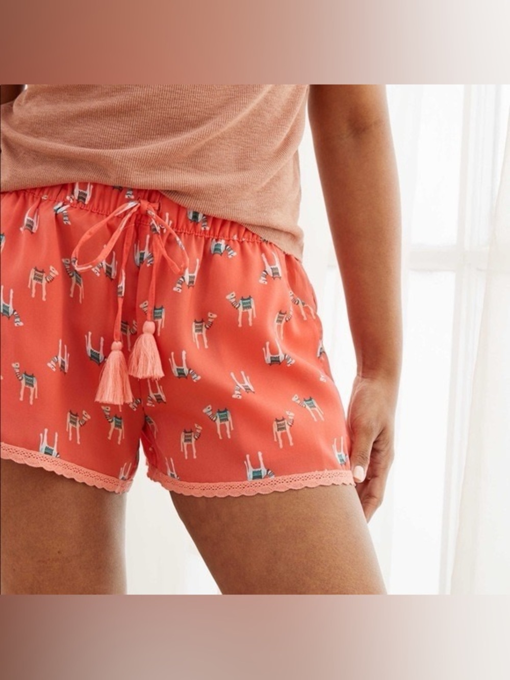 Aerie Llama Print Lace-Trim Lounge Shorts Coral Orange - Size Medium